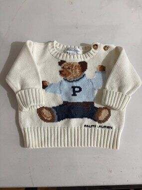 2YK Vintage Rare baby Ralph Lauren Sit Down Bear P for Polo sweater in cream